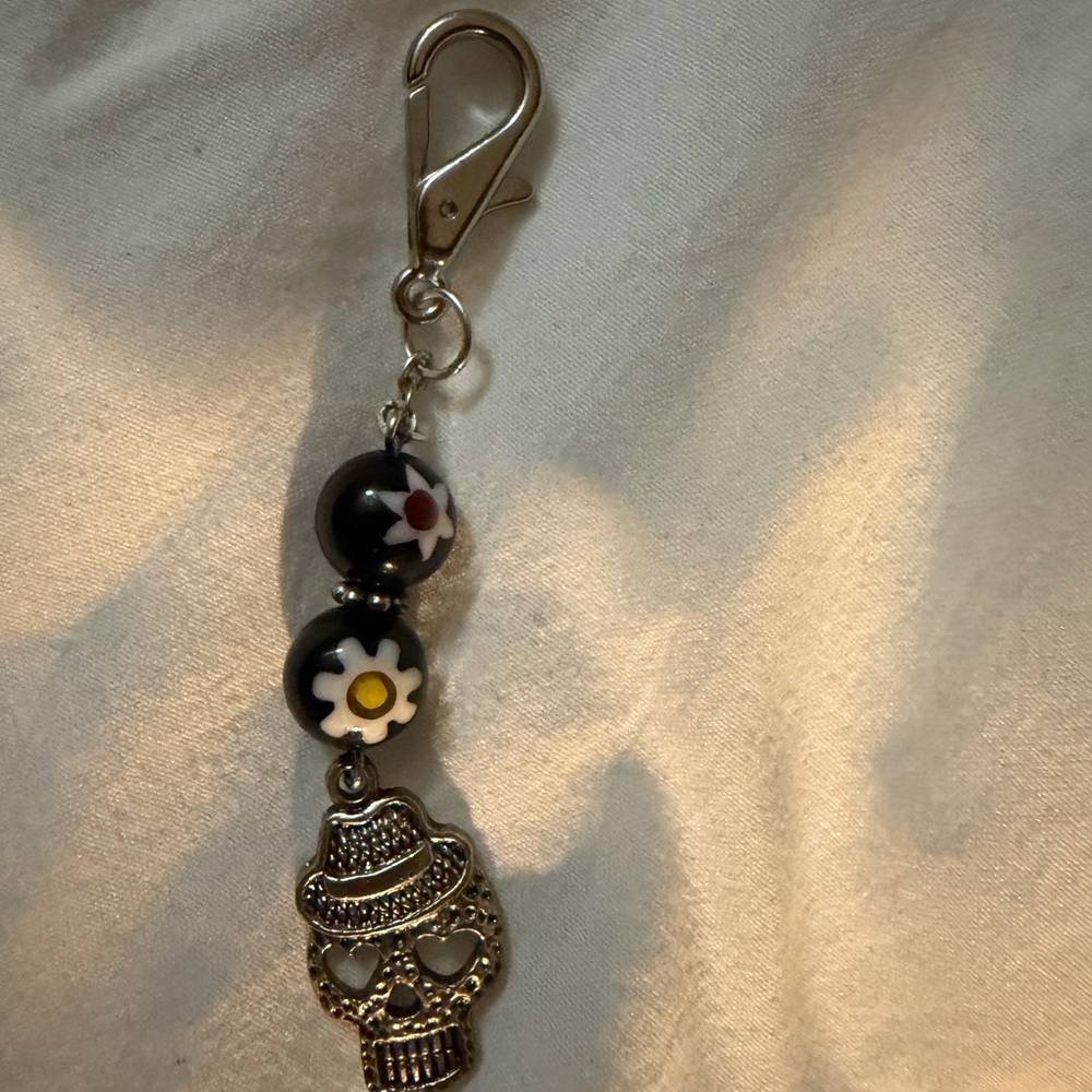 Elegant Gold and Black Skull zipper pull or key chain with Floral Beads